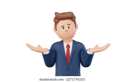 3D render. Young businessman scowling and shrugging his shoulders to show his ignorance, looking at camera, isolated on white background - Powered by Shutterstock