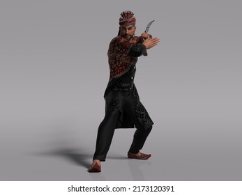 3D Render : Young Indian Male Character In A Indian Style Traditional Clothing With Gold Dagger In His Hand