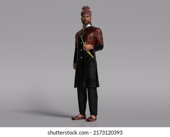 3D Render : Young Indian Male Character In A Indian Style Traditional Clothing With Gold Dagger In His Hand