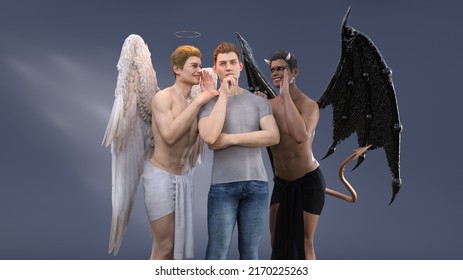 3D Render : Young man with an angel and Demon try to persuade and  be influent him for decision making between good or bad