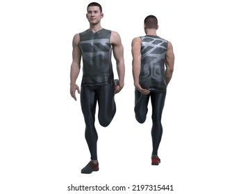 3D Render : A  young man wearing tank top, sport legging pants and sneakers is standing  and stretching his leg for exercise , isolated - Powered by Shutterstock