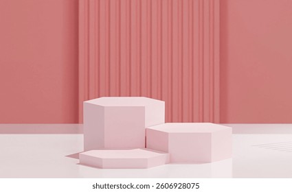 3d rendered 3 Hexagon base on white color, stripped pattern salmon rose background