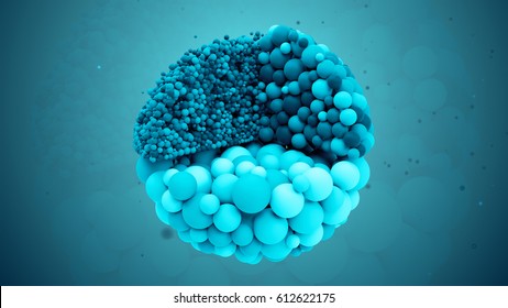 3d Rendered Abstract Colored And Segmented Molecule Background. Three Zoned Small Sphere Based Geometry Shape. Medicine Concept. Small Sphere Elements Forms  One Big Sliced Molecule