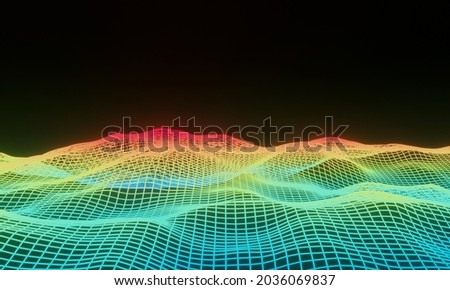 3D rendered abstract grid topography. Gradient mesh terrain.
