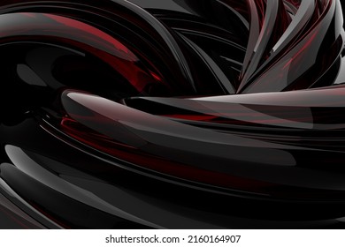 A 3D rendered abstract shape formation with deep red and black tinted glass texture.