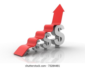 3D Rendered Arrow Diagram Moving Up Over Dollar Graph Bar