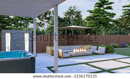 3D rendered of a backyard with modern fire pit, Hot tub, BBQ area and big paver
