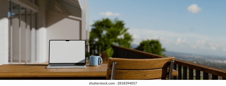 3D rendered balcony workspace scene featuring a laptop mockup and coffee mug on a wooden table, ideal for remote work and technology concepts.