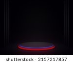 3D rendered black geometric podium with red and blue neon lights.