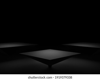 3D Rendered Black Geometric Podium. Dark Background.