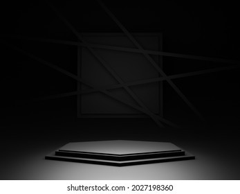 3D Rendered Black Geometric Product Podium. Dark Background.