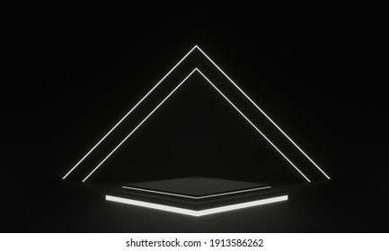 3D Rendered Black Geometric Stage With White Neon Light