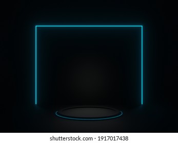 3D Rendered Black Geometric Stage With Blue Neon Light