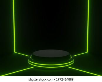 3D Rendered Black Geometric Stand With Green Neon Light. Dark Background