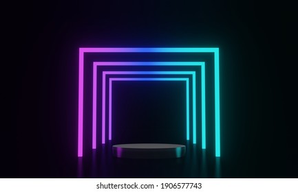 3D Rendered Black Podium And Neon Light Background