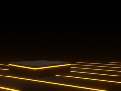 3D Rendered Black Product Stand With Yellow Neon Lights.