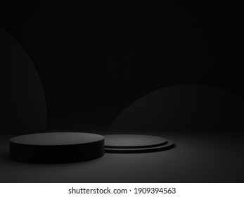 3D Rendered Black Rounded Podium. Dark Background.