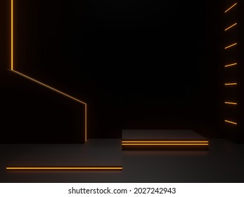 3D Rendered Black Scientific Stage With Golden Neon Lights