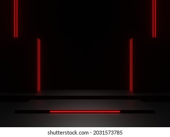 3D Rendered Black Scientific Stage With Red Neon Lights