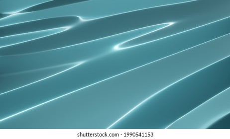 3d Rendered Blue Cyan Metal Surface With Wavy Shapes. Metal Texture Background Or Stainless Steel Background. 