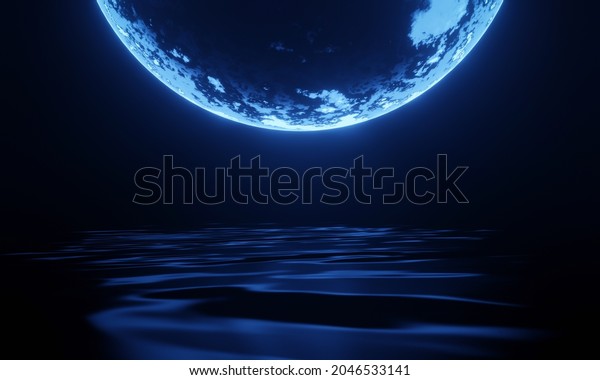3D\
rendered blue moon and water. Night\
background.