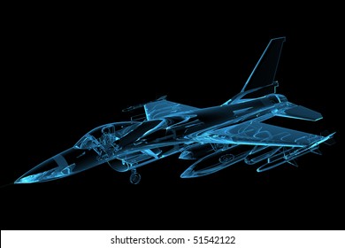 3D rendered blue xray transparent f16 falcon