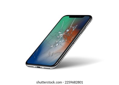 3D Rendered Broken Screen Mobile Phone - Smashed Screen Mobile Phone isolated on white background 