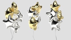 3d Rendered Bunch Of Golden And Silver Star Balloons On Grey Background In Random Angles