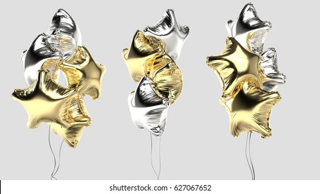 3d Rendered Bunch Of Mix Gold And Silver Star Balloons On Grey Background In Random Angles