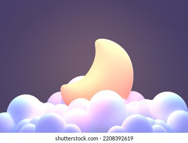 3d rendered cartoon moon soft pastel clouds 