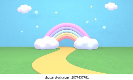 3d Rendered Cartoon Rainbow And Road.