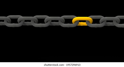 3D Rendered Chain Concept: Horizontal Composition With Clipping Path On Black Background. Individual Yellow Part In Connection With Many Silver Chains. Authentic, Leadership And Teamwork. 