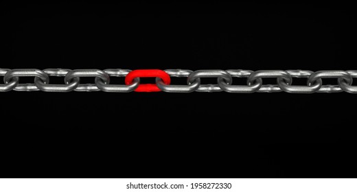 3D Rendered Chain Concept: Horizontal Composition With Clipping Path On Black Background. Individual Red Part In Connection With Many Silver Chains. Authentic, Leadership And Teamwork. 