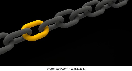 3D Rendered Chain Concept: Horizontal Composition With Clipping Path On Black Background. Individual Yellow Part In Connection With Many Silver Chains. Authentic, Leadership And Teamwork. 