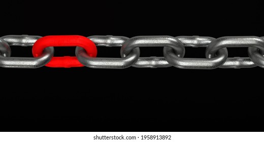 3D Rendered Chain Concept: Horizontal Composition With Clipping Path On Black Background. Individual Red Part In Connection With Many Silver Chains. Authentic, Leadership And Teamwork. 