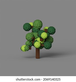 3d rendered clay style voxel tree on grey background. pixel art and voxel objects