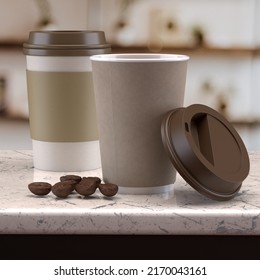 3D Rendered Coffee Cups with Coffee Beans on Counter in Coffee Shop