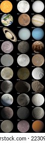 3D Rendered Complete Set of Planets and Moons in the Solar System, Isolated on Black Background, solar system wallpaper, banner with dark background, universe cosmos art, generated 3D illustration