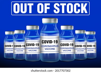 3D Rendered Coronavirus Vaccines Out Of Stock Representation On Blue Background. Vaccine Shortage Concept Backdrop