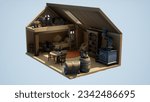 A 3D rendered cottage in a stylized cartoony style. Doll house rendering plastic 3D model with bed, stove and ladder. Small 3D Stylized Cottage closeup doll house miniature diorama in 3D render