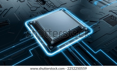 3D rendered CPU with a processor chip . Electronic circuit board