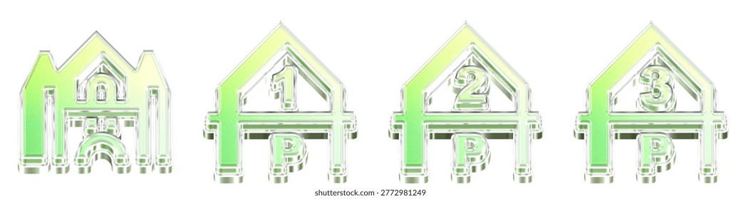 3D rendered crystal icon pack featuring palace, parking and 1st floor, parking and 2nd floor, and parking and 3rd floor. City buildings icon collection and design. Modern icon.