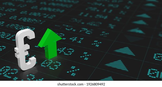 3D rendered currency exchange value on global stock market concept: A green rising arrow pointing upwards. European money EURO or EUR symbol in front of financial data analysis board.