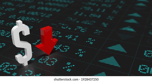 3D Rendered Currency Exchange Values On Global Stock Markets Concept: A Red Falling Arrow Pointing Downwards. American Money, US Dollar Or USD Symbol In Front Of Financial Data Analysis Board.