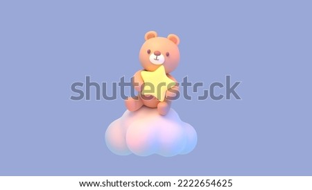 3d rendered cute bear holding a star sitting on a cloud.