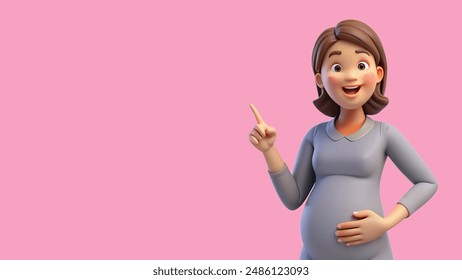 3D rendered cute isolated illustration of a happy pregnant woman pointing her index finger to the side on a pink background with space for text. concept - motherhood, health, medicine - Powered by Shutterstock