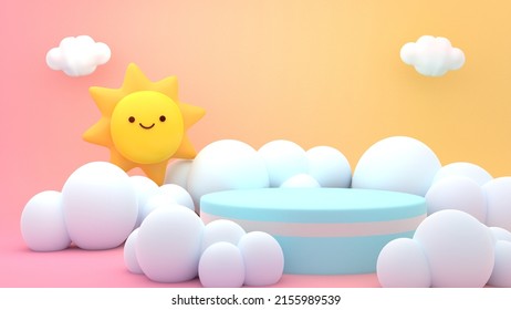 3d Rendered Cute Sun, White Clouds, And Product Display Podium.