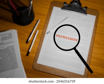 3D rendered "DEPRESSION" in bold red text under a magnifying glass on a clipboard paper, 3D rendered on a table. - Powered by Shutterstock