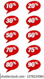 3D rendered dicount amounts on red 3D speech bubble. 10-90%
