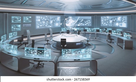 3D Rendered Empty, Modern, Futuristic Command Center Interior